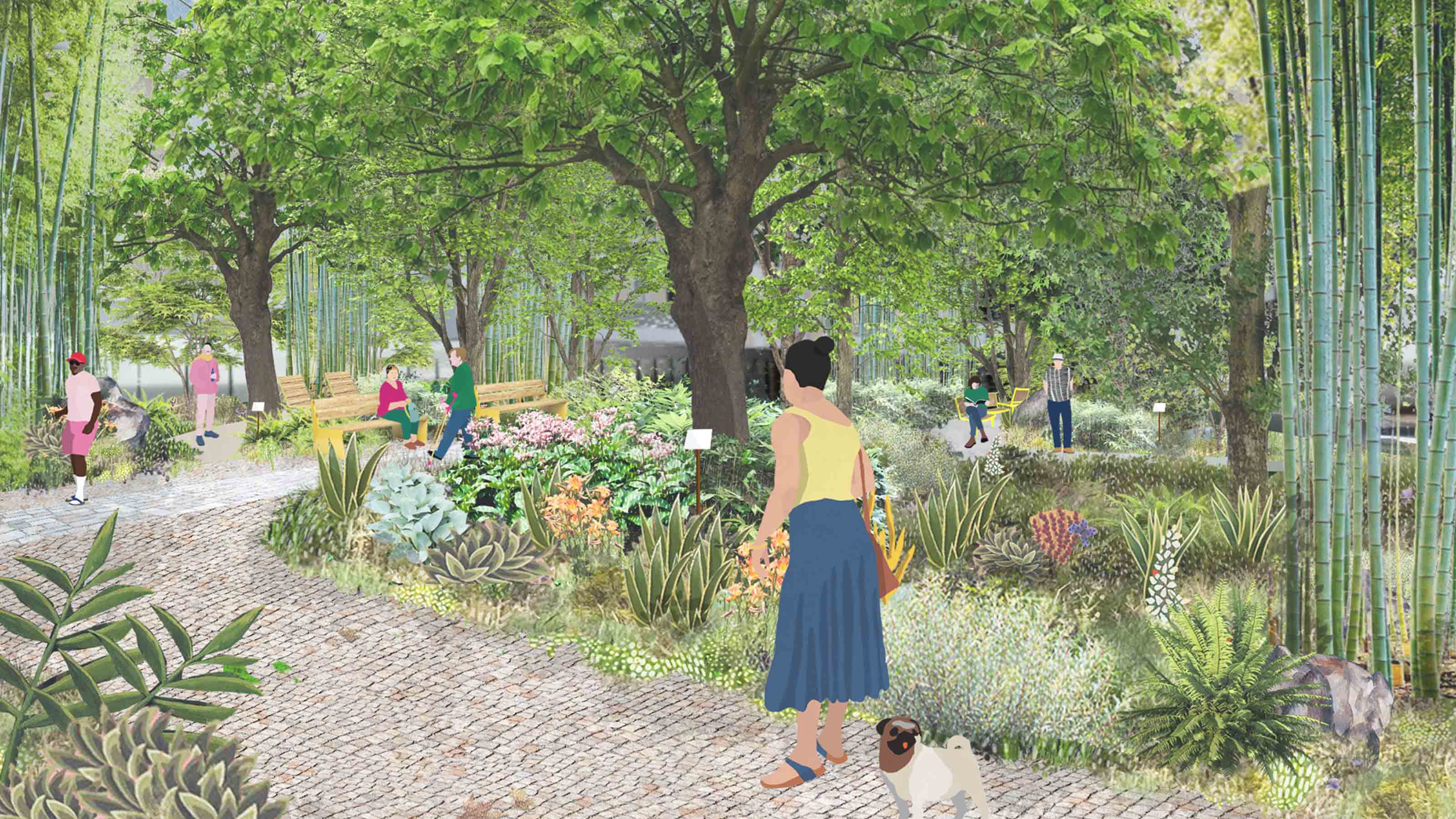 Das Konzept eines atmenden, urbanen Waldes in der Stadt ist das Herzstück des Projektes. Durch die vielfältigen Pflanzebenen werden Räume mit einem eigenen Mikroklima gebildet, die Orte zum Durchatmen und der Entspannung schaffen